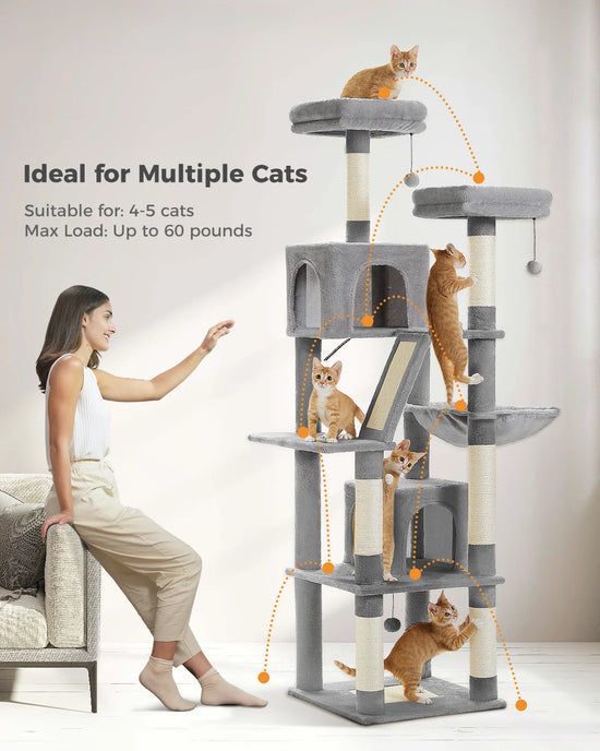 Grand arbre à chat pour intérieur, tour haute pour chat, peluche à plusieurs niveaux, sisal naturel, griffoirs, condos, perchoirs, hamac