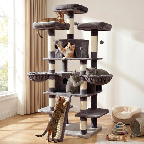 FOOWIN Arbre à chat multi-niveaux de 173 cm (68 po) avec 2 condos, 3 perchoirs en peluche et poteau à gratter pour chatons et animaux domestiques